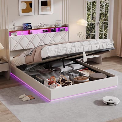 Gestoffeerd Tweepersoonsbed - Bed met Opbergruimte - Moderne Slaapkamer - Geïntegreerde USB-poorten - 140 x 200 cm - Beige