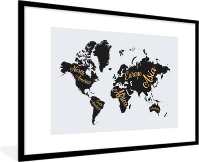 Poster in lijst - Fotolijst 90x60 cm - Posters - Wereldkaart - Letters - Goud - Posterlijst zwart - Decoratie - Wanddecoratie woonkamer - Muurdecoratie slaapkamer