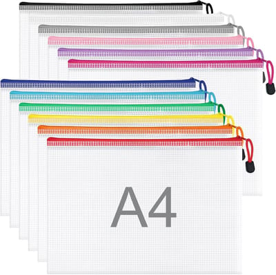 Documentenvakken, A4-formaat, waterdichte mesh documententas met ritssluiting, ritsvak voor documenten, documentenvakken voor kantoor, school en reizen (33 x 23 cm, 12 kleuren)