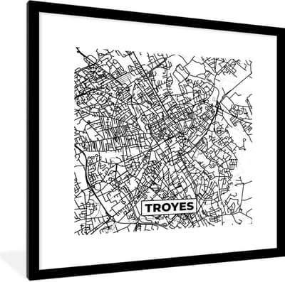 Fotolijst incl. Poster Zwart Wit- Stadskaart - Frankrijk - Kaart - Troyes - Plattegrond - Zwart wit - 40x40 cm - Posterlijst
