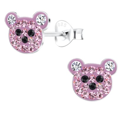 Joy|S - Zilveren beer oorbellen - 13 x 12 mm - roze beertje - kristal - kinderoorbellen