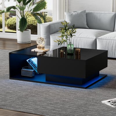 REDOM Hoogglans zwarte salontafel met naadloos glas, krasbescherming, geïntegreerde lade en slimme Bluetooth-LED