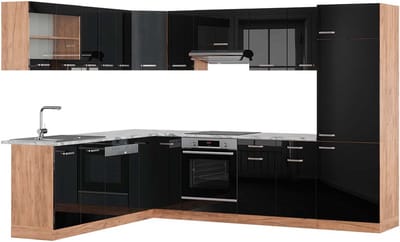 Vicco Hoekkeuken R-Line, Zwart hoogglans/Goudkleurig Eiken, 287 x 227 cm, WB Marmer