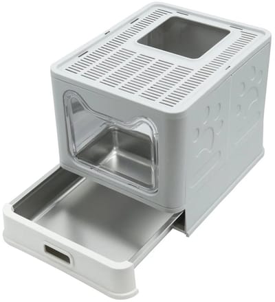 ITRONIQ Kattenbak RVS - Gesloten Katten Toilet Met Schep - Opvouwbaar en Makkelijk Schoon te Maken - Geurcontrole - Grijs