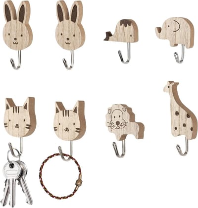 Set van 8 Zelfklevende Houten Kledinghaken - Schattige Dierontwerpen voor Kinderkamers, Badkamers en Keukens