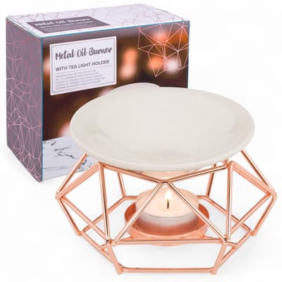 Dailygoods- Geurlamp met keramische schaal - Aromatherapie-diffuser - Theelichthouder - Industrieel design - 12 x 8 cm - Zwart/roségoud - Geurbrander