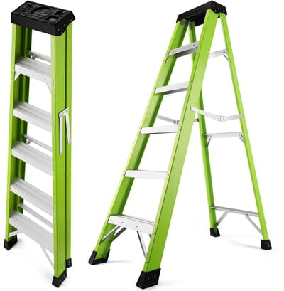 Glasvezel trapladder 5 treden - Dubbelzijdige inklapbare ladder - Geïsoleerd - Groen - Voor klussen en elektra