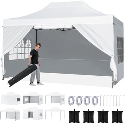 COSTWAY 3 x 4,5 m pop-up paviljoen, waterdicht en stevig, winterbestendig, met 4 zijwanden en zandzakken, in hoogte verstelbaar tuinpaviljoen met opbergtas voor op het strand en bruiloften (wit)