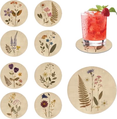 Set van 9 Houten Ronde Onderzetters, Absorberend en Hittebestendig voor Tafelbescherming, Antislip en Duurzaam