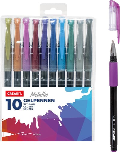 CREAKIT Gelpennen Metallic – 10 stuks – Gelpennen Gekleurd – Gelpennen voor Volwassenen en Kinderen – Pennen Set - In Etui