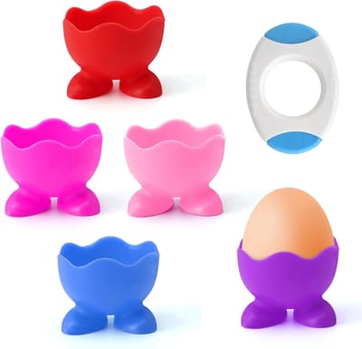 Vijf grappige eierbekers en eieropener set van silicone voor Pasen, ideaal voor ontbijt en keukenaccessoires, perfect voor het serveren van eieren en kleine items