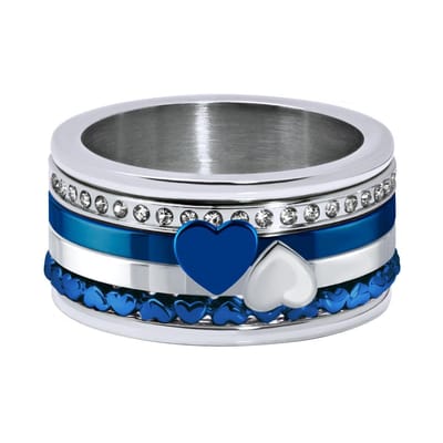Quiges Dames Stapelring Set RVS Harten Verzilverd met Blauw - Maat 17 - Hoogte 8mm - SRS00817