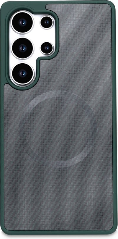 Casemania Hoesje Geschikt voor Samsung Galaxy S23 Ultra - Groen - Carbon Back Cover - Geschikt voor MagSafe