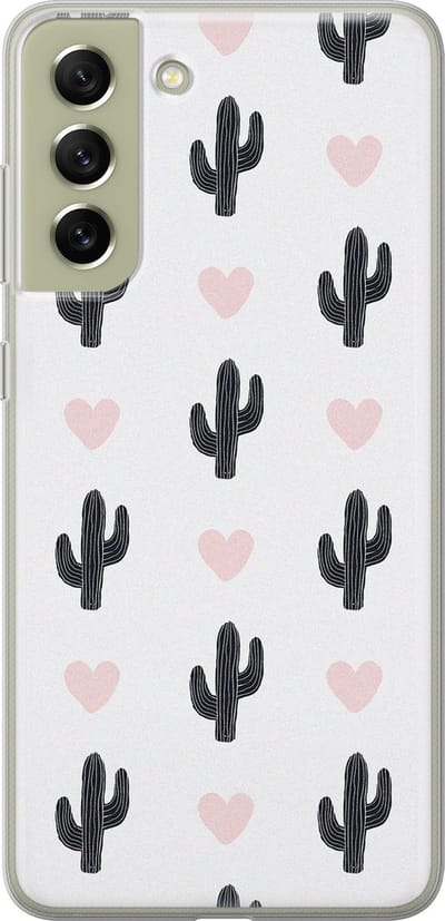 Leuke Telefoonhoesjes - Hoesje geschikt voor Samsung Galaxy S21 FE - Cactus hartjes - Soft case - TPU - Planten - Zwart