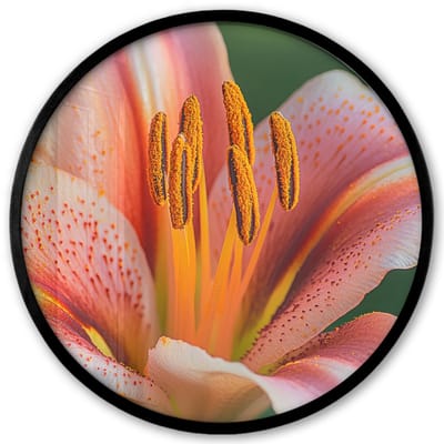 Poster in lijst Rond - Fotolijst 40x40 cm - Posters - Lelie - Close up - Lichtroze - Ronde posterlijst zwart - Decoratie - Wanddecoratie woonkamer - Muurdecoratie slaapkamer