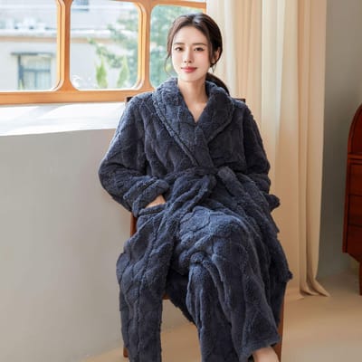 Nieuwe Herfst- en Winter Dames Badjas met Lange Mouwen Diamantruit Jacquard Fleece Warme Badjas Huiskleding Set XL grijs