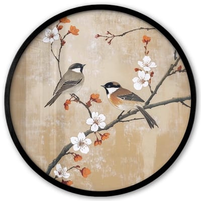 Poster in lijst Rond - Fotolijst 40x40 cm - Posters - Vogels - Bloesemtak - Bloemen - Oranje - Ronde posterlijst zwart - Decoratie - Wanddecoratie woonkamer - Muurdecoratie slaapkamer