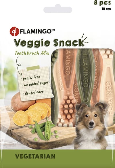 Flamingo Veggie snack voor honden 10 cm 8 stuks - 160 gr - graan vrij - geen toegevoegde suiker - tandverzorgend - lekker.