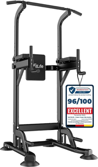 DH FitLife Power Tower - Vrijstaande Optrekstang & Dip Station - 10-voudig Verstelbaar - Tot 150 kg - Met Rugtrainer