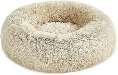 donzig hondenbed, kattenmand, donutkussen, wasbaar, uitneembare middenvulling, lang pluche, 60 cm diameter, ombré kaki PGW038S01