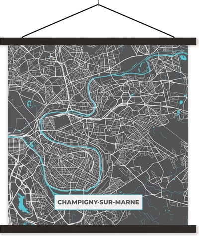Posterhanger incl. Poster 60x60 cm - Schoolplaat - Champigny-sur-Marne - Frankrijk - Kaart - Stadskaart - Plattegrond - Textielposter - Zwarte latten - Stadskaart