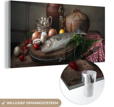 MuchoWow® Glasschilderij 120x60 cm - Schilderij acrylglas - Rustiek - Vis - Stilleven - Groente - Kruiden - Foto op glas - Schilderijen