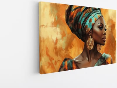 Saammp - Canvas Schilderij - Abstract - Afrikaanse Vrouw - Blauwe Tulband - 30x20 - Foto op canvas - Wanddecoratie - Muurdecoratie Woonkamer - Slaapkamer decoratie - Canvas Print