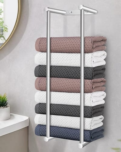 Handdoekenrek 75 cm van RVS met grote capaciteit voor op de badkamer, geschikt voor opgevouwen of gerolde handdoeken, zwart en zilver