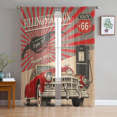 Vintage Roadside Diner Metalen Bord Transparante Gordijnen voor Woonkamer Transparant Tule Raamgordijn Slaapkamer Keuken Sluier Drapes 135W x 114H(cm)