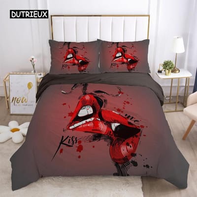 Rode Lippen Dekbedovertrek Set Queen Polyester Liefde Twin Beddengoed Set Sexy Thema Volwassen Stel Dekbedovertrek 3D Kusafdrukken Quilt Hoes 150x200cm 3pcs