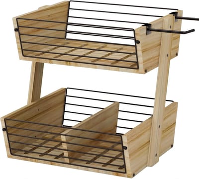 Famanu – Houten fruitmand 2-laags – aanrecht standaard voor brood en groente (bruin)