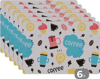 Placemat - Placemats kunststof - Patronen - Koffiebonen - Koffie - IJs - 45x30 cm - 6 stuks - Hittebestendig - Anti-Slip - Onderlegger - Afneembaar