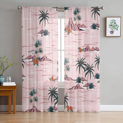 Palmboom Eiland Strand Tule Gordijnen voor Woonkamer Slaapkamer Transparant Gordijn voor Balkon Hal Mode Bedrukt Huis Draperieën 135W x 114H(cm) white