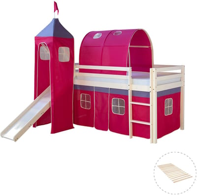 Homestyle4u Hoogslaper - 90x200 cm - met lattenbodem - toren - tunnel - glijbaan en roze gordijn