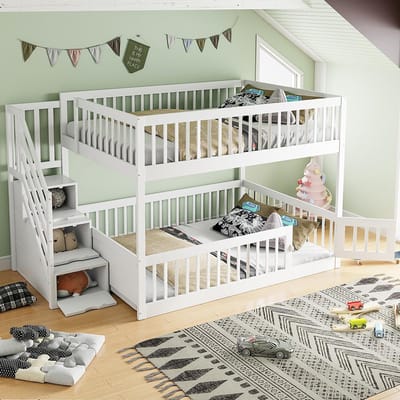 Pugsdrly Stapelbed 140 x 200 Kinderbed met veiligheidsladder en lades, wit houten eenpersoonsbed met opbergruimte voor kinderen en tieners
