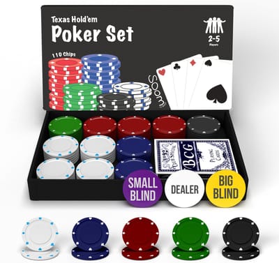 Soom Games Pokerset - Compact Reisspel en Kaartspel - 110 Poker Chips voor 2-5 Spelers - Geschikt als Reisspellen, Spellen en Spelletjes voor Volwassenen - Texas Hold'em met Big Blind, Small Blind en Dealer Button