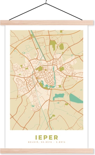 Posterhanger incl. Poster 40x60 cm - Schoolplaat - Stadskaart - Ieper - Kaart - Vintage - Plattegrond - Textielposter - Blanke latten - Stadskaart