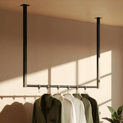 CLP Fenton Kledingstang - kledingstandaard - kledingroede - garderobestang - kleding stang - voor plafondmontage - met 6 haken - zwart