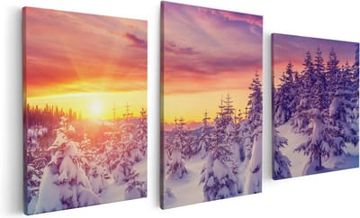 Artaza Canvas Schilderij Drieluik Zonsondergang In Het Sneeuw Bos  - 120x60 - Foto Op Canvas - Canvas Print