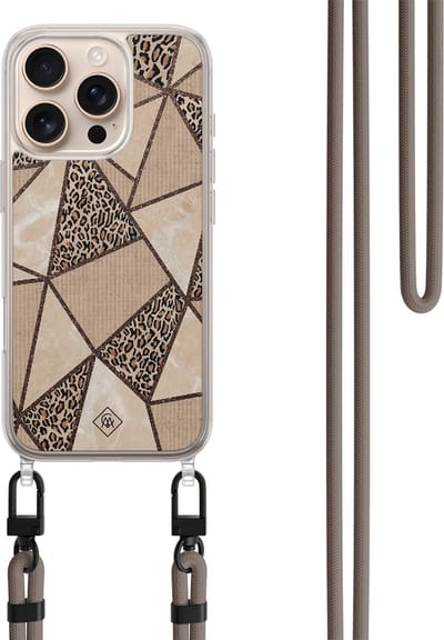Casimoda® hoesje met koord - Geschikt voor iPhone 16 Pro - Leopard Abstract - Afneembaar koord - TPU/polycarbonaat - Zwart