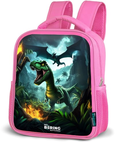 NoBoringSuitcases.com® - Rugzak roze - Schooltas meisjes - Dinosaurus en draak in vurige junglevallei - Kinder rugtas meisje - Boekentas kind - Kinderrugzak voor school - Schoolrugzak