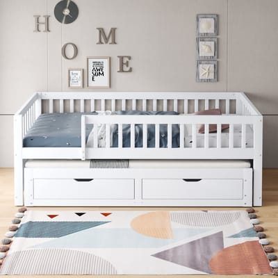 Slaapbank 90x200 cm - volledig gesloten veiligheidshekken - met uitschuifbaar bed - met lade - kinderbed - wit - zonder matras