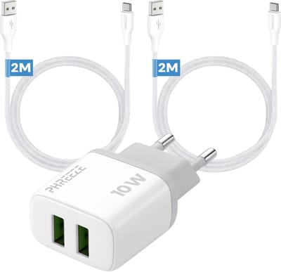 Phreeze usb adapter 2.4 A - Dual usb poorten - 12 W oplaadset met 2 usb naar usb C kabels 2 m - Voor telefoon, tablet en speaker