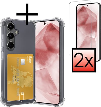 Hoesje - Geschikt voor Samsung Galaxy A55 - Met 2x Screenprotector - Pashouder - Kaarthouder - Telefoon Hoes Shockproof - Siliconen Case - Back Cover - Shock Proof - Pasjes Houder - Transparant