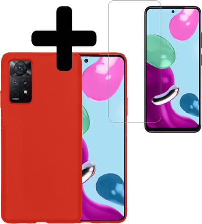 Hoesje - Met Screenprotector - Geschikt voor Xiaomi Redmi Note 11 - Sterk & Shockproof - Back Cover - Siliconen Case - Telefoon Hoes - Telefoonhoesjes - Rood