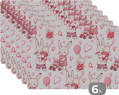 Placemat - Placemats kunststof - Konijnen - Liefde - Patronen - 45x30 cm - 6 stuks - Hittebestendig - Anti-Slip - Onderlegger - Afneembaar