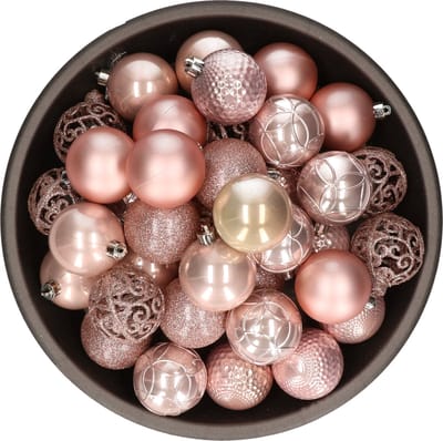 37x stuks kunststof/plastic kerstballen lichtroze (blush pink) 6 cm mix - Onbreekbaar - Kerstboomversiering/kerstversiering