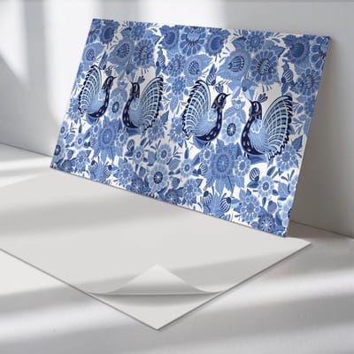 Wallfluent Vinyl Wandpaneel - Patroon met vogels en bloemen Vinyl Wandbekleding - 100 cm x 50 cm - Blauw PVC wandpaneel - 1 stuk - Rechthoekig Wandbekleding Vinyl - Bloemen Wandpaneel - Zelfklevend Muurpaneel - Wandpaneel Keuken en Badkamer