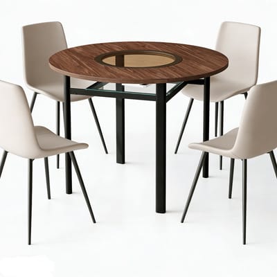 Eettafel 4 Stoelen 100x100x76 cm Ronde Eettafel Set Bruin Zwart Warmgrijs Glas Metaal PU Leer Met Opbergvak Modern Minimalistisch Voor Eetkamer