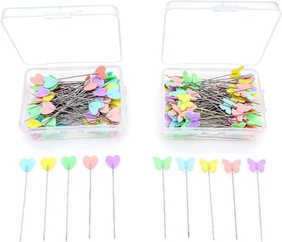 200 x Scherpe pin dressmaking pinnen met grote gekleurde kop, lange rechte pinnen voor naaien en knutselen, platte kop pinnen voor het naaien van stof, quiltpennen, vlinder en harthoofd